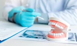 Dentist’s hands at desk with X-rays and model teeth