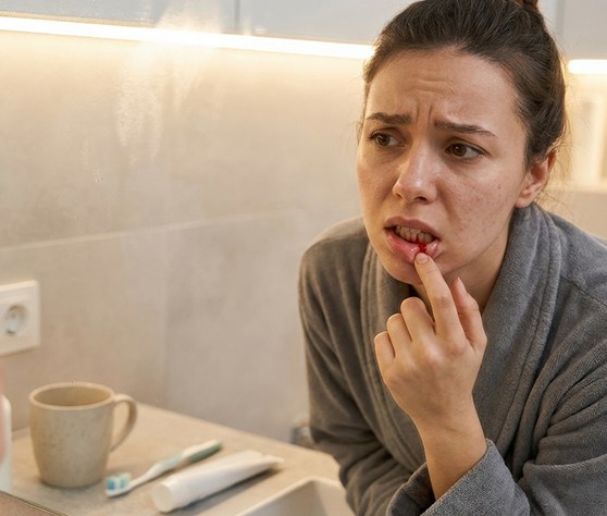 Concerned woman looking at her gums in bathroom mirror